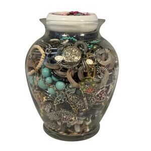 Large 6.3 lb 7.5" Loaded Jewelry Jar Wearable Vintage Modern Metal Glass Beads